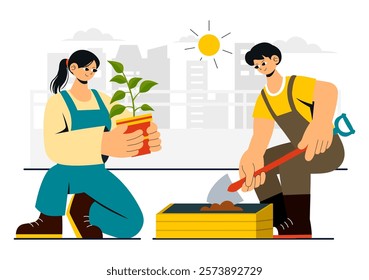 Urban Gardening Illustration Featuring People Planting Sprouts in Wooden Raised Garden Bed with Florists and Greenery on a Modern Cityscape Background