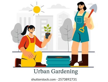 Urban Gardening Illustration Featuring People Planting Sprouts in Wooden Raised Garden Bed with Florists and Greenery on a Modern Cityscape Background