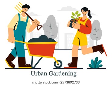 Urban Gardening Illustration Featuring People Planting Sprouts in Wooden Raised Garden Bed with Florists and Greenery on a Modern Cityscape Background