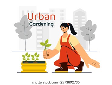 Urban Gardening Illustration Featuring People Planting Sprouts in Wooden Raised Garden Bed with Florists and Greenery on a Modern Cityscape Background