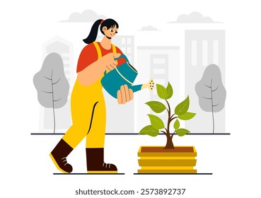 Urban Gardening Illustration Featuring People Planting Sprouts in Wooden Raised Garden Bed with Florists and Greenery on a Modern Cityscape Background