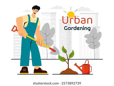 Urban Gardening Illustration Featuring People Planting Sprouts in Wooden Raised Garden Bed with Florists and Greenery on a Modern Cityscape Background