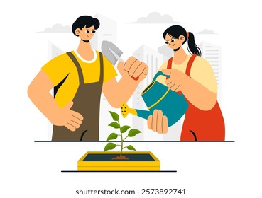 Urban Gardening Illustration Featuring People Planting Sprouts in Wooden Raised Garden Bed with Florists and Greenery on a Modern Cityscape Background