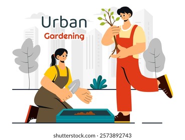 Urban Gardening Illustration Featuring People Planting Sprouts in Wooden Raised Garden Bed with Florists and Greenery on a Modern Cityscape Background