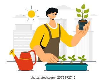 Urban Gardening Illustration Featuring People Planting Sprouts in Wooden Raised Garden Bed with Florists and Greenery on a Modern Cityscape Background