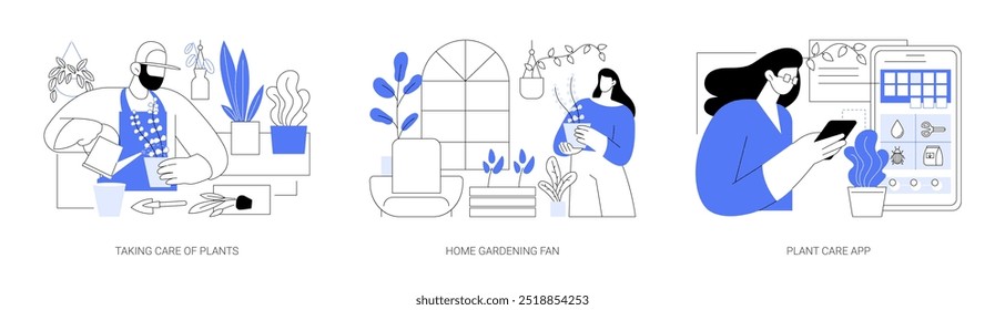 Conjunto de Ilustraciones vectoriales de dibujos animados aislados de jardinería Urbana. Hombre joven que cuida de las plantas, actividad de jardinería en el hogar, mujer sostiene el teléfono inteligente con el App de cuidado de plantas, dibujos animados de Vector de estilo de vida urbano.