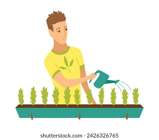 Urban gardening, person who takes care of plants. Ecological and sustainable green lifestyle. Urban environment concept. City parks element for advertising flyer. Vector illustration