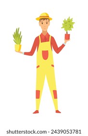Urban gardening, person who takes care of plants. Ecological and sustainable green lifestyle. Urban environment concept. City parks element for advertising flyer. Vector illustration