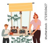 Urban gardening, planting seedlings and joint plant care with the child. Flat cartoon vector illustration. Windowsill garden.