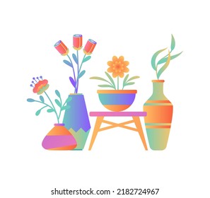 Urban gardening print or card. Set of gradient geometric flower pots. Flat home plants. Botany illustration. Urban jungle. Spring time. Natural trendy home decor