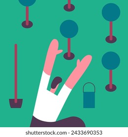 Urban gardening. Public yard improvements. Man plant trees and plants. Voluntary services. Flat vector illustration.