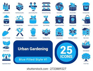 O Urban Gardening Starter Bundle inclui 25 ícones que cobrem sistemas de ferramentas de plantio e conceitos comunitários. Estilo de tons duplos.
