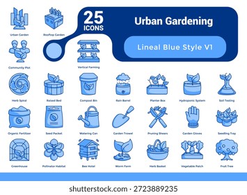 O Urban Gardening Starter Bundle inclui 25 ícones que cobrem sistemas de ferramentas de plantio e conceitos comunitários. Estilo azul.