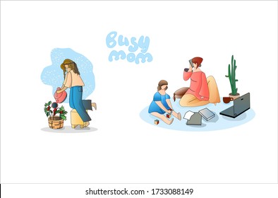 Urban gardening, a young woman cultivating plants  at home, busy interior. busy mom with kid working at home. Beautiful business mom is using a laptop and speaking on the phone while her baby plays