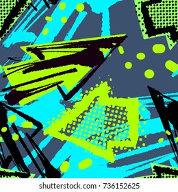 Urban geometric arrows,spots and blots seamless pattern.Textile ink brush strokes design in doodle grunge texture style.