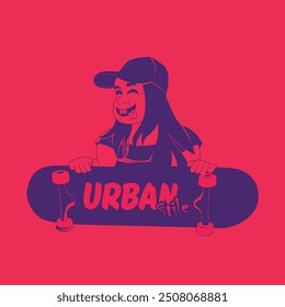 Urban girl with cap and skateboard in a minimalist youth illustration in purple and pink colors, for skate culture