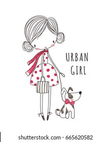 Urban girl with dog. T shirt graphic for kid's clothing. Use for print, surface design, fashion wear