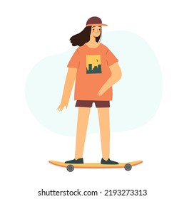 Urban girl on skateboard. Modern teen activity. Isolated vector