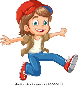 Urban girl wearing cap jumping cartoon character illustration