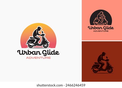 Urban Glide Vespa Adventure logo. A Vespa scooter navigating city streets with urban skyline backdrop, epitomizing urban exploration and excitement.