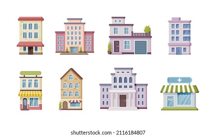 Urban Government, Private And Municipal Building Set. Different Public Place City Architecture Facades With Windows And Doors. Apartment House, Hotel, Library, Store, Cafe Cartoon Vector