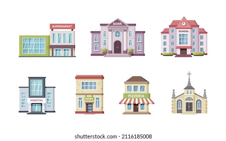 Urban government, private and municipal building set. Different public place city architecture facades with windows and doors. Apartment house, hotel, library, store, cafe cartoon vector