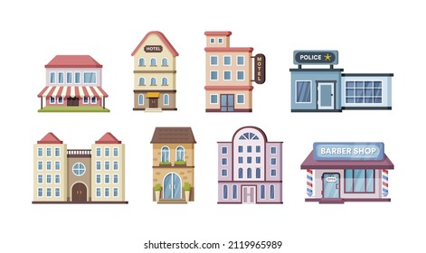 Urban Government, Private And Municipal Building Set. Different Public Place City Architecture Facades With Windows And Doors. Apartment House, Hotel, Library, Store, Cafe Cartoon Vector