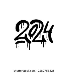 Urban graffiti 2024 date with drops, splash effects in black on white. 90s street art style. Print for banner, poster, greeting card, sticker. Vector illustration