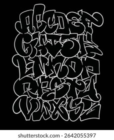 Urban Graffiti Alphabet Letters on Black Background. Free wild style for wall city urban . Modern underground vector style illustration art print. 
