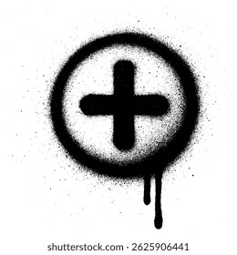 Urban graffiti art of a bold black plus sign surrounded by a rough spray-painted circle on a white background.