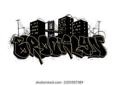 Urban graffiti art - Brooklyn NYC, Urban culture art with houses, lanterns, brooklyn bridge, grunge spray texture with splashes 3D graffiti lettering. Hip hop print for t-shirt, streetwear. Vector 