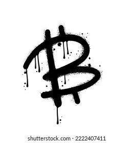 Urban graffiti bitcoin symbol sprayed in black over white with leaks and drops. Textured hand drawn vector illustration.