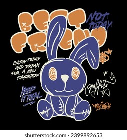 Dibujo urbano con conejito de peluche con ilustración de mejor amigo con eslogan de tipografía motivacional y elementos de pulverización de graffiti para camiseta gráfica o afiche de sudadera - Vector