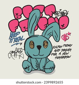 Urban graffiti bunny teddy bear illustration print with motivational best friend typography slogan and graffiti spray elements for graphic tee t shirt or sweatshirt poster - Vector