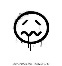 Urban graffiti crying emoji in black over white. Sad vintage emoticon. Textured vector illustration.