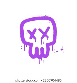 Urban Graffiti emoji skull sprayed in purple on white with paint drops, splashes and leaks. Airbrush textured vector illustration for Halloween.