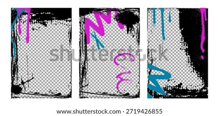 Urban graffiti frame collection with black paint borders, pink and blue spray strokes for street art designs or posters. Distressed rectangular templates with drips. Modern edgy background set.