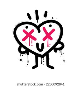 Urban graffiti - Funny heart with smile face, dead eyes retro cartoon character. Textured vector illustration for t-shirt, sticker, or apparel merchandise. Valentines day mascot .