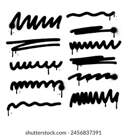 Urban graffiti grunge rough underline handrawn brushstrokes. Bold sprayed freehand stripes and paint shapes. Street art doodle scribbles. Vector isolated illustration of horizontal emphasis, scrawl