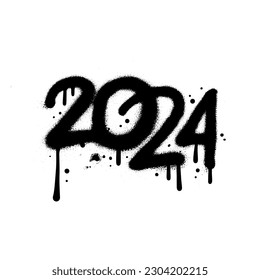 Urban Graffiti number 2024 in sprayed paint style. Splatter drips, grunge art dirty texture. Hand drawn vector illustration. Splatter drops effect.