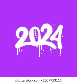 Urban Graffiti number 2024 sprayed with white paint. Splatter drips, grunge texture, dirty paint texture vector illustration. Y2k drip splatter street art.