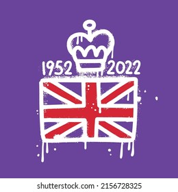 Urban graffiti for Queen. Platinum Jubilee 1952-2022 with British flag and crown. Ready greeting card for celebrate. Design for banner, sticker, badge, flyer, brochure. Vector textured hand drawn svg