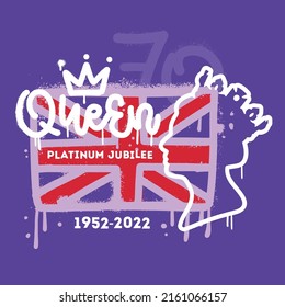 Urban graffiti for Queen Platinum Jubilee 1952-2022 with flag, linear female profile and crown. Greeting card for celebrate. Vector textured hand drawn illustration or banner, badge, flyer, brochure.