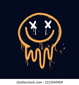 Urban graffiti sign of smiling eyes and mouth emoji stylized as paint running down or simulating melting. Stray textured vandal street art. Vector sprayed illustration.