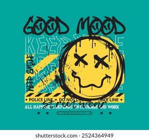 Urban graffiti smiling face illustration print with good mood typography slogan  for Print Design, Poster, Streetwear, Hoodies, and Casual Wear