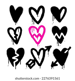 Urban graffiti spray ink hearts set. Valentine day heart elements, ink graphic leaks and stains. Abstract paint love and romantic symbols, rough wedding neoteric decor, broken heart icon. Vector.