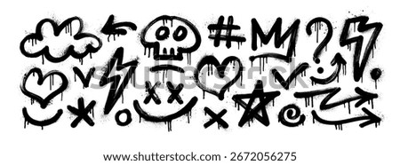 Urban graffiti spray paint element set. Street art icons with drips, splatters, and grunge texture. Set of arrow, cloud, skull, crown, star, lightning and heart. Graffiti icons with spray paint effect