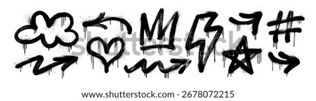 Urban graffiti spray paint icon set in street art style and gritty grunge texture for dynamic designs. Collection of arrows, heart, crow and cloud with drip effects and ink splatters. Hip hop graphics