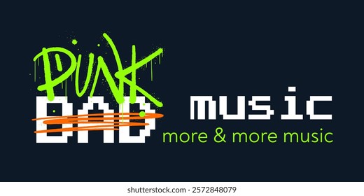Urban graffiti street art. Neon illustration print with typography slogan. Cyberpunk artwork design. Style of 80s, 90s, 00s. Punk music for graphic tee t shirt - isolated vector on black background.
