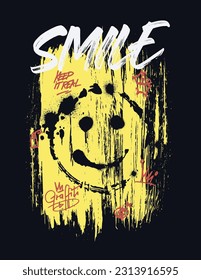 Urban graffiti street art smiley smiling face illustration print with smile slogan and brush elements for graphic tee t shirt or poster - Vector